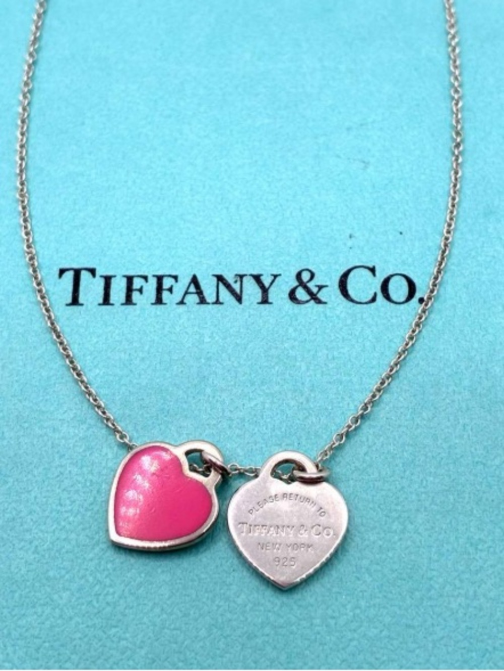Tiffany & Coo Pink Heart Tag Double Pendant Necklace
